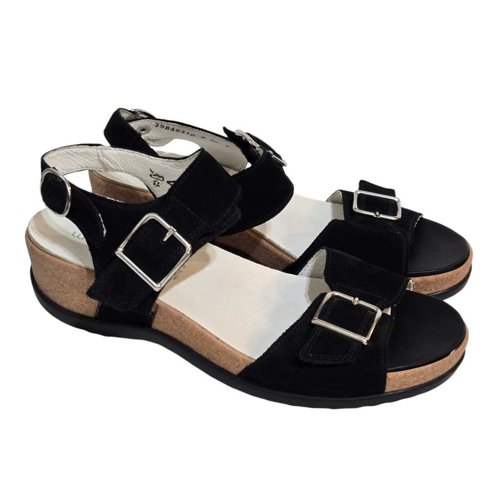 Waldlaufer Sandals Womens US 8 UK 6 Black Suede Cork Wedge Wide Fit Comfort